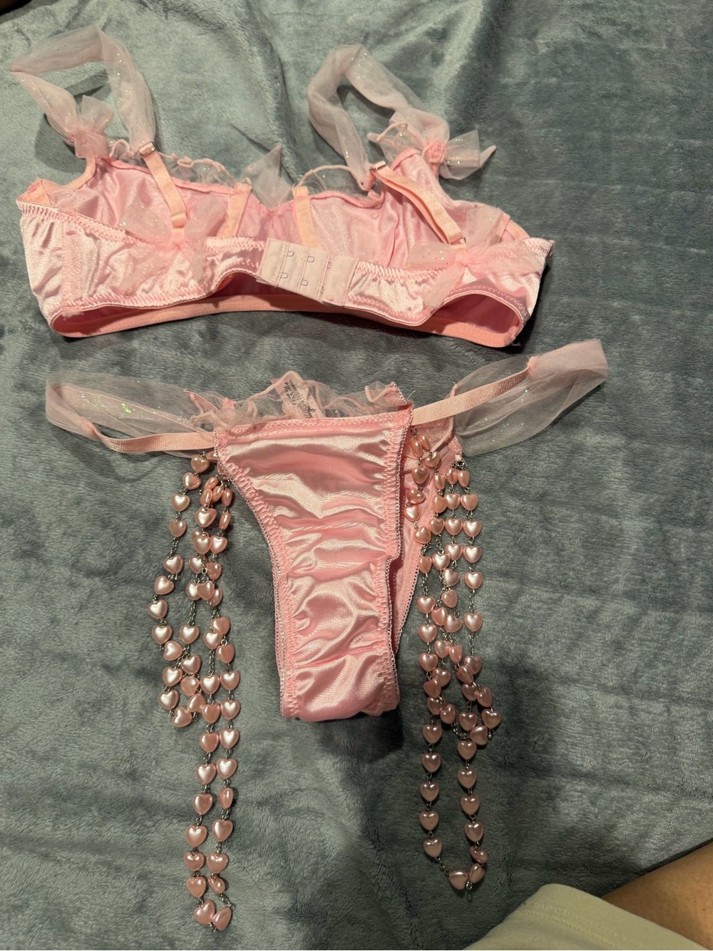 Sugar Thrillz Pale Pink Satin Bra & Heart-Chain Bikini Set